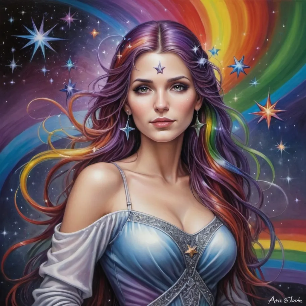 Prompt: <mymodel> a painting of a woman with a rainbow background with stars around her,, Anne Stokes, fantasy art, stars, a detailed painting