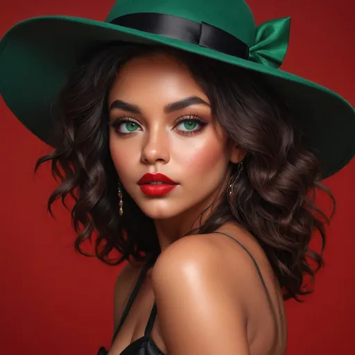 Prompt: A striking beauty captivates the viewer with her piercing green eyes and luscious red lips, set against a bold red backdrop that enhances her vibrant presence. She wears a wide-brimmed green hat adorned with a sleek black ribbon, bringing an element of elegance to her overall look, while her voluminous, tousled curls frame her face beautifully. The lighting highlights her flawless skin and the intricate details of her dangling, ornate earrings, adding a touch of glamour. The image exudes confidence and sophistication, embodying a modern yet timeless charm that draws the eye and evokes a sense of allure.