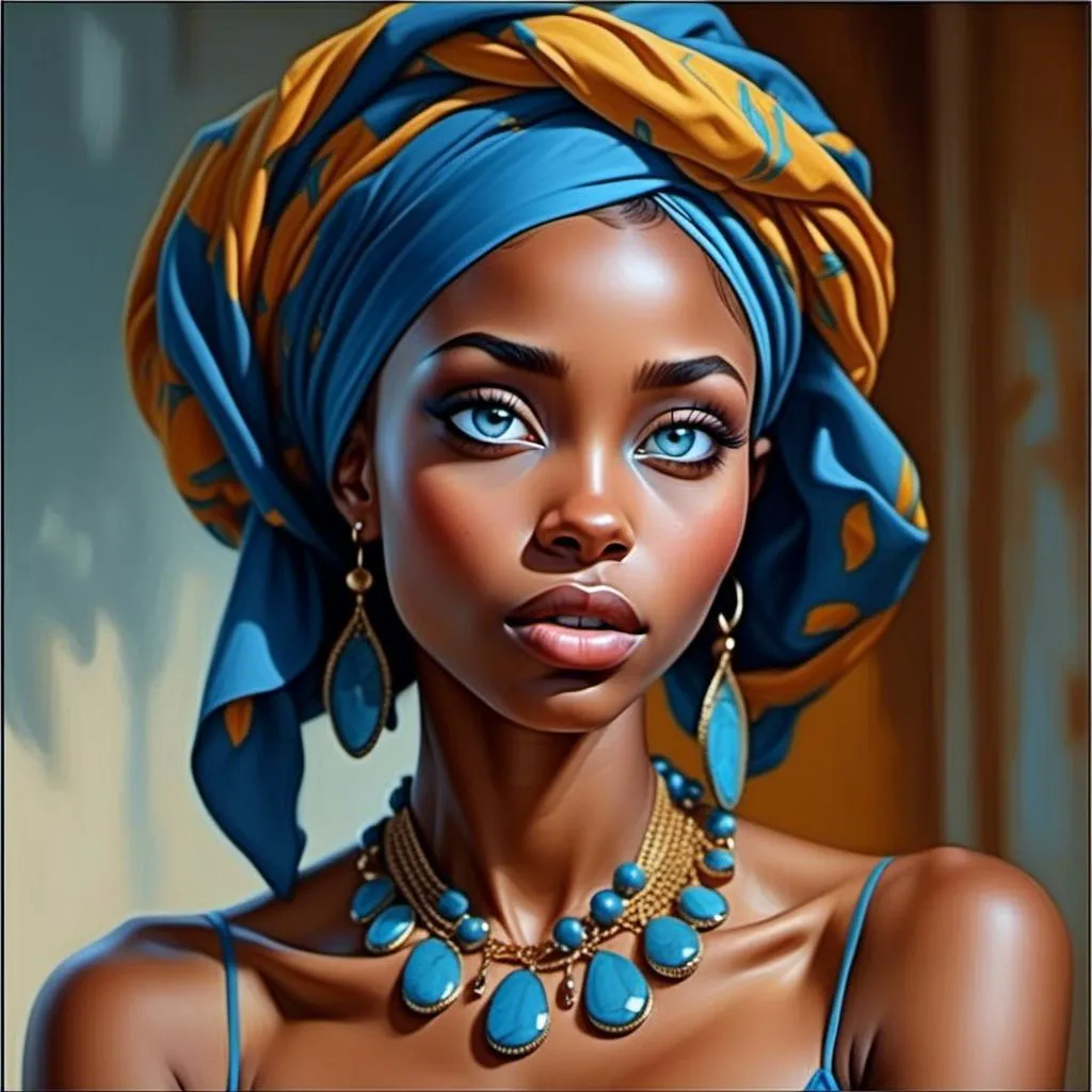 Prompt: <mymodel> a painting of a woman wearing a blue head scarf and a blue necklace with a gold chain around her neck, Chinwe Chukwuogo-Roy, photorealism, highly detailed digital painting, a photorealistic painting