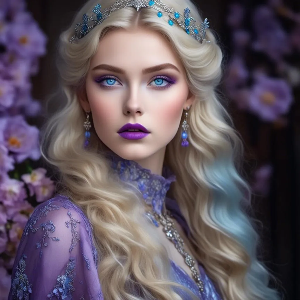 Prompt: <mymodel>Beautiful ethereal woman, long blonde hair,and icy blue eyes color, purple lipstick, facial closeup