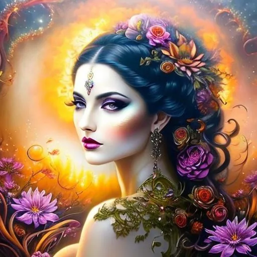 Prompt: Beautiful  hybrid woman with flowers sprouting from her, oil painting, detailed fiery eyes, ethereal glow, dark and mysterious, high quality, vibrant colors, surreal, haunting, intricate floral details, intense gaze, mystical atmosphere, oil painting, demon, hybrid, fiery eyes, ethereal, vibrant colors, surreal, haunting, floral details, intense gaze, mystical atmosphere