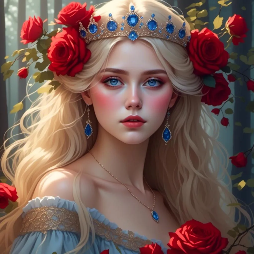 Prompt: <mymodel>Fairy tale, beautiful girl with white skin, (perfect face), light golden hair, blue pupils, red lips, forest style, mysterious, vintage fashion-dresses, with a transparent crystal crown on her head, the woman's body is so white Glows, (high detail) sitting on an oversized red rose, hyperdetail, ultra high definition.