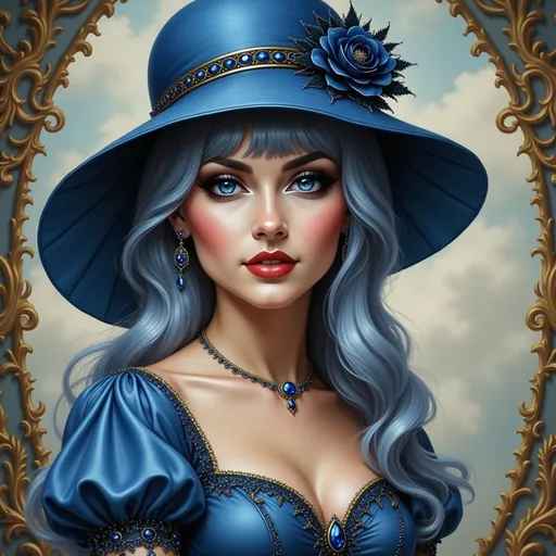 Prompt: a painting of a woman wearing a blue hat Edwin Georgi, gothic art, highly detailed digital painting, a detailed painting