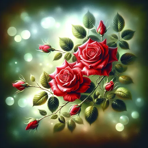 Prompt: a painting of two red roses with green leaves on a branch with a blurry background of boke, Anne Stokes, fantasy art, roses, an airbrush painting