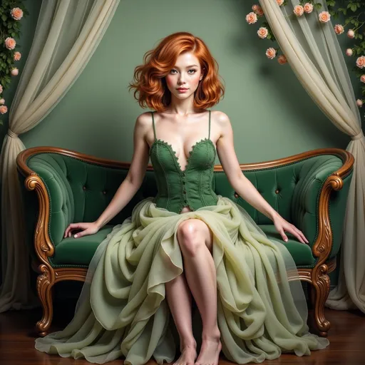 Prompt: Framed by an enchanting bouquet of soft peach roses, a young woman gazes serenely with captivating green eyes, her expression radiating calmness and beauty. A gentle cascade of wavy, blonde hair falls gracefully around her shoulders, accentuating her delicately contoured features and soft blush, while the warm, diffused background imbues the scene with a dreamy, romantic atmosphere. The interplay of light creates a glowing halo effect, enhancing the lush, floral setting that envelops her, suggesting a moment caught in a serene garden, perhaps at dawn or dusk when the light is most tender. This ethereal composition combines natural elegance with a sense of tranquility, encapsulating a feeling of grace and femininity amidst nature's blossoms.