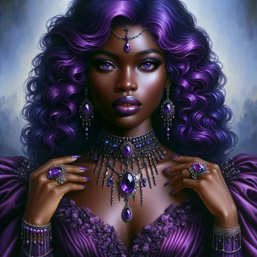 Prompt: a woman with purple hair wearing a purple dress and jewelry with a necklace and earrings on her neck and a necklace with a tear shaped drop, Charlie Bowater, fantasy art, highly detailed digital painting, a photorealistic painting