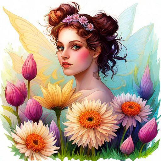 Prompt: a fairy of spring, ,wildflowers, vivid colors,  facial closeup