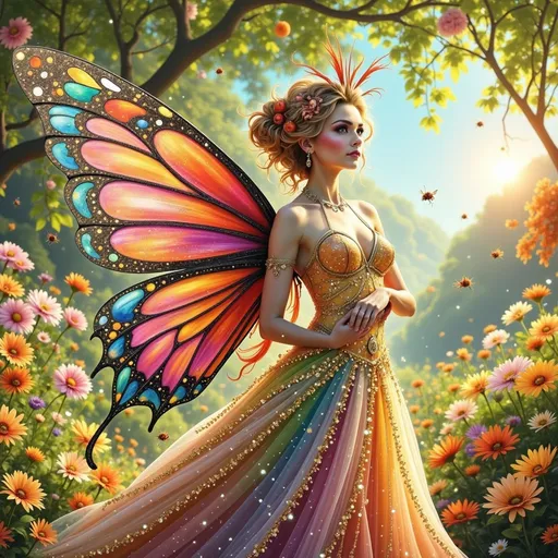 Prompt: Ladybug fairy goddess, delicate and vibrant wings adorned with intricate patterns, ethereal glow, magical ambiance, surrounded by lush greenery and blooming flowers, warm sunlight filtering through leaves, enchanting forest setting, whimsical atmosphere, exquisite details in the fairy's attire, ultra-detailed, high definition, dreamlike scene that epitomizes beauty and fantasy.