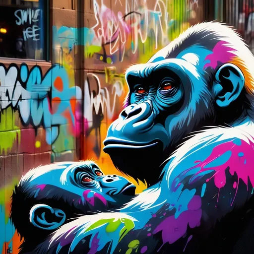 Prompt: Loving, affectionate mother gorilla, graffiti art, vibrant colors, urban setting, detailed fur with colorful reflections, expressive eyes, high quality, graffiti style, vibrant tones, urban lighting