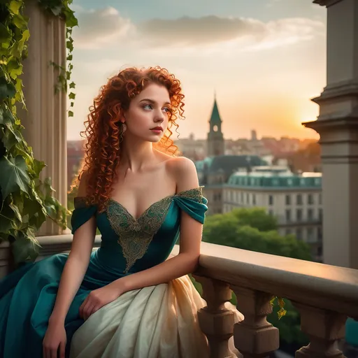 Prompt: Bathed in the warm glow of a setting sun, a striking young woman elegantly poses on a balcony adorned with lush green ivy, overlooking a charming cityscape with historic architecture. Her cascading red curls frame a delicate face, and her expressive eyes gaze thoughtfully into the distance, exuding an air of sophistication and contemplation. Dressed in a stunning teal gown with intricate golden embellishments and an off-shoulder design, she complements her attire with matching jewelry that catches the soft light. The scene captures a harmonious blend of elegance and serenity, with the gentle hues of the sky reflecting the graceful ambiance of a peaceful evening.