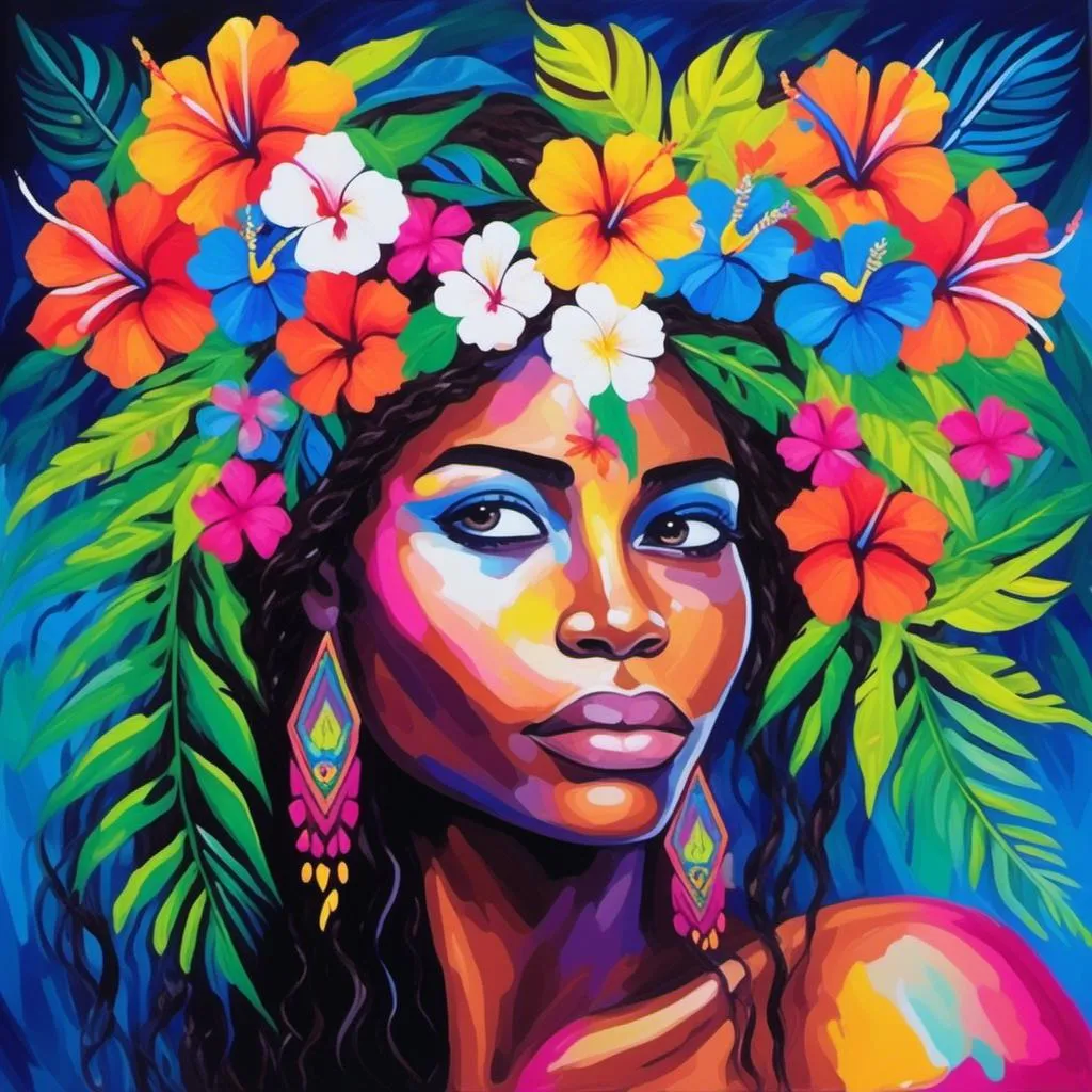 Prompt: <mymodel> Painting of the portrait of a pretty Melanesian woman,  dark brown eyes, wearing cocontractant leaves crown and hibiscus flowers on her left ear. She has long thick afro hair, a black skin and she is surrounded by tropical nature and flowers.