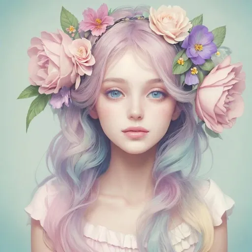 Prompt: Beautiful creation, woman with flowers in her hair, pastel colors