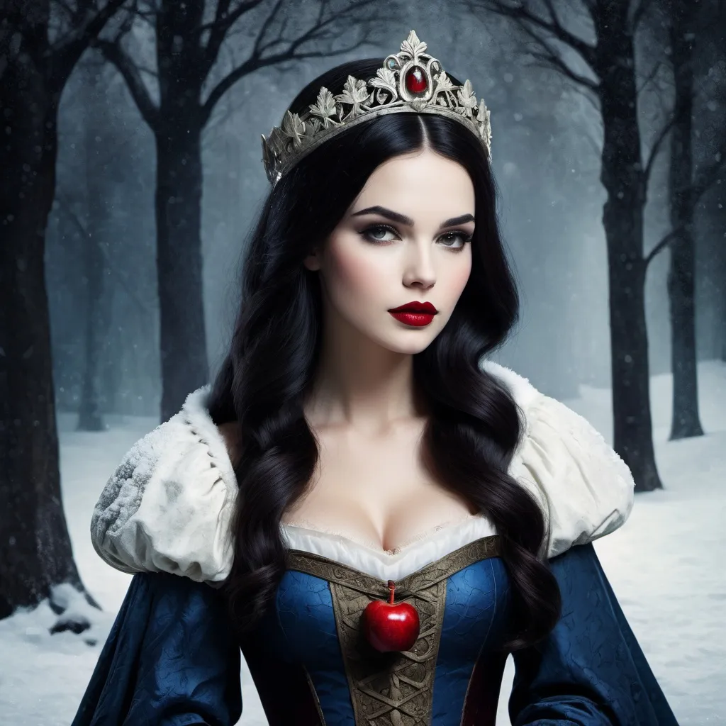 Prompt: Grunge medieval Snow White, impasto, old picture effect, whimsical, highres, detailed, medieval, impasto, old picture effect, grunge, Snow White, fairy tale, dark tones, atmospheric lighting