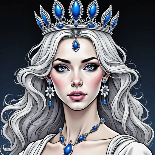 Prompt: This is a digital drawing in a highly detailed, semi-realistic style depicting a regal female figure with a serene expression. The subject has long, wavy, silver-white hair that cascades down past her shoulders, framing her face. Her skin is fair and smooth, with subtle blush on her cheeks. She has striking blue eyes with long, dark eyelashes and defined eyebrows. Her lips are full and painted a soft pink.

She is adorned with an elaborate silver crown, decorated with large, teardrop-shaped blue gemstones that are set in a symmetrical pattern. A matching blue gemstone is also set in the center of her forehead. She wears dangling silver earrings shaped like intricate flowers, and a necklace with a large blue gemstone pendant that rests at the base of her neck. 

The background is a gradient of dark blue to black, which contrasts with the silver and blue of her attire and accessories, making her stand out prominently. The overall composition and color palette evoke a sense of royalty and elegance, with a focus on the subject's calm and commanding presence.