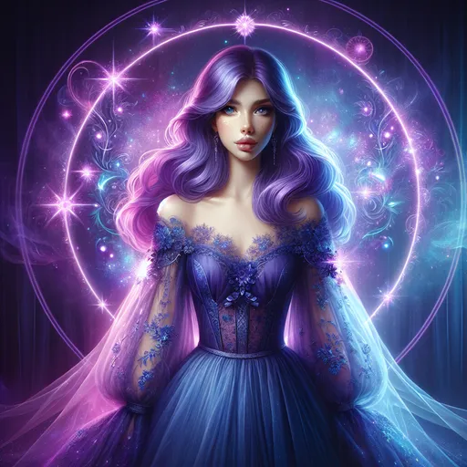 Prompt: a woman with purple hair and blue dress with a star in the background and a purple circle around her, Edwin Georgi, fantasy art, highly detailed digital painting, a character portrait