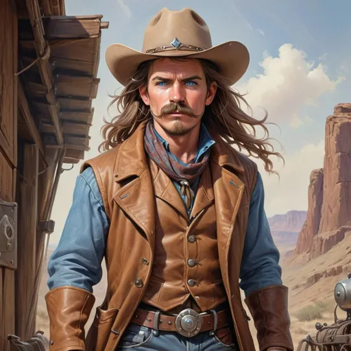 Prompt: A rugged, stern cowboy stares intensely from the center of the image, his defined features accentuated by a strong mustache and piercing blue eyes that convey both authority and determination. Adorned in a traditional cowboy hat and a brown leather coat, he wears a tied neck scarf, adding to his classic western appearance. The background is a faded mix of warm, earthy tones, enhancing the nostalgic and gritty vibe of the scene, reminiscent of classic Western films. The bold lines and slightly exaggerated forms suggest an illustrative style, bringing a dynamic and graphic quality to the portrayal. The overall mood captures the essence of a western hero, poised for action and ready to face any challenge.