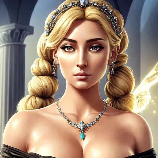 Prompt: HD 4k 3D, hyper realistic, professional modeling, ethereal Greek goddess of alchemy, blonde pigtail hair, black skin, enchanting gown, gorgeous face, stone jewelry and diadem, full body, ambient glow, medicine maker, working with potions cures, and herbs, detailed, elegant, ethereal, mythical, Greek, goddess, surreal lighting, majestic, goddesslike aura