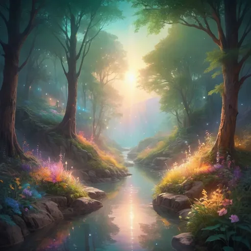 Prompt: (ethereal glow), luminous light radiating, soft illumination, vivid colors, warm ambient tones, magical atmosphere, serene background, enchanting landscapes, high detail, ultra-detailed, vibrant, dreamlike scenery, shimmering reflections, calming hues, captivating visual experience