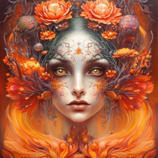 Prompt: Beautiful  hybrid woman with orange flowers sprouting from her, oil painting, detailed fiery eyes, ethereal glow, dark and mysterious, high quality, vibrant colors, surreal, haunting, intricate floral details, intense gaze, mystical atmosphere, oil painting, demon, hybrid, fiery eyes, ethereal, vibrant colors, surreal, haunting, floral details, intense gaze, mystical atmosphere