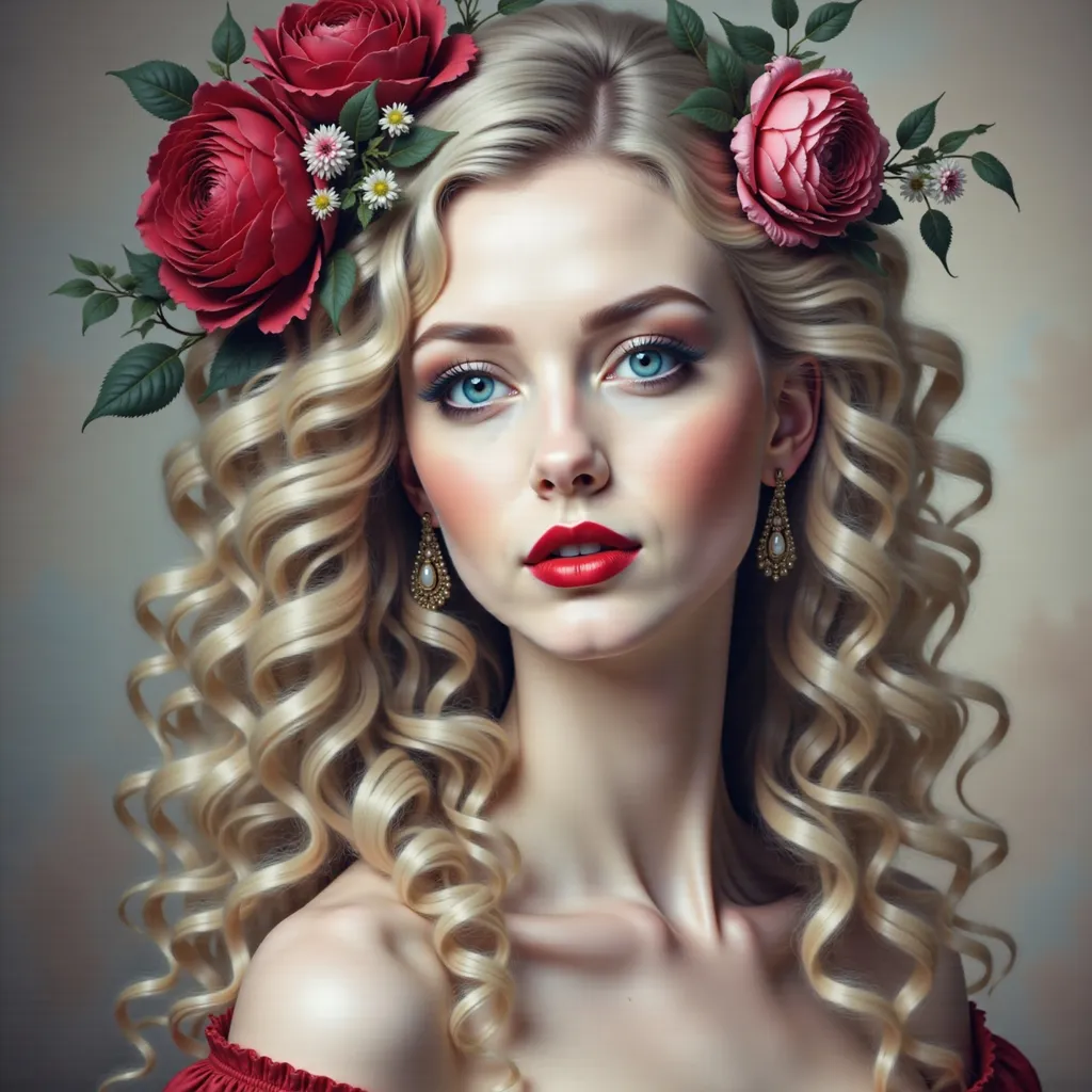 Prompt: a painting of a woman with long blonde hair and a rose in her hair, wearing a red dress, Edwin Georgi, rococo, highly detailed digital painting, a photorealistic painting