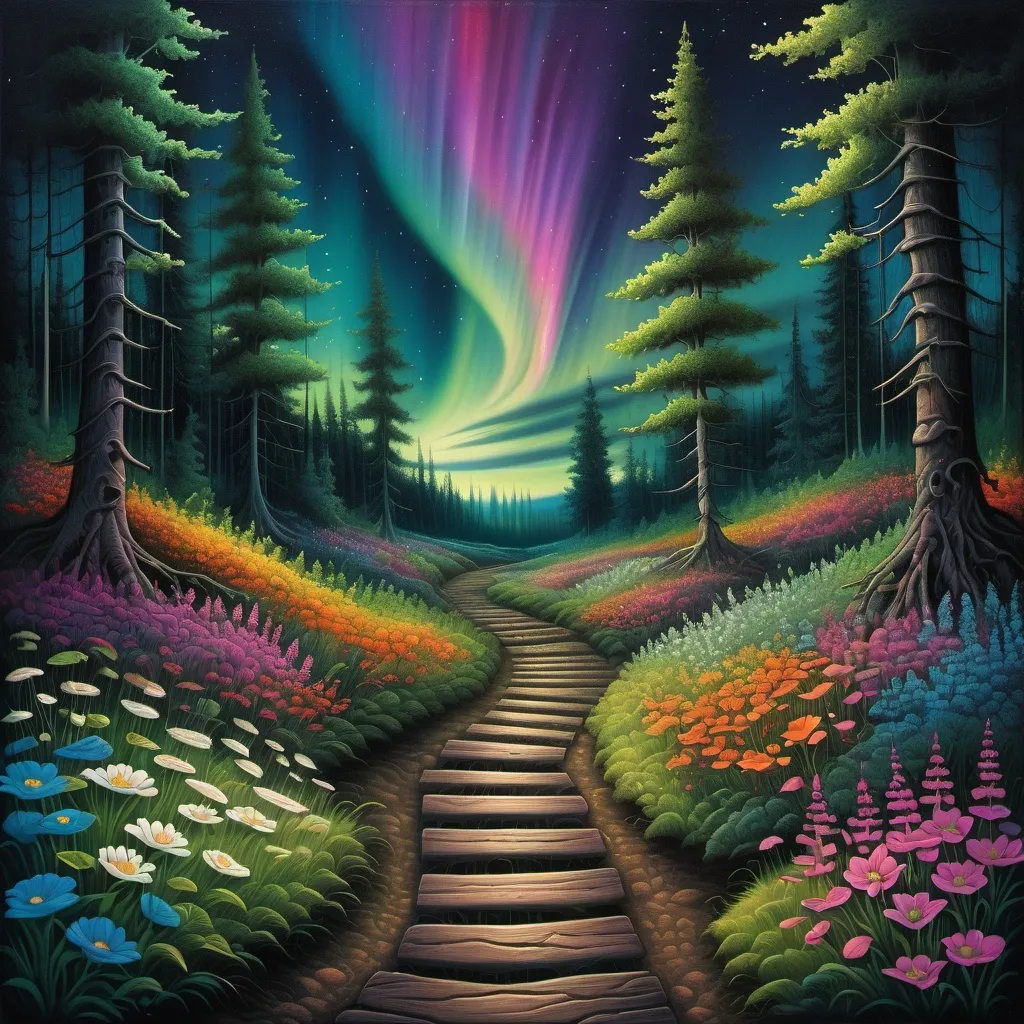 Prompt: a pathway leading to a forest with flowers and trees on it, with a night sky with northern lights in background, David A Hardy, psychedelic art, dreamlike, a detailed painting