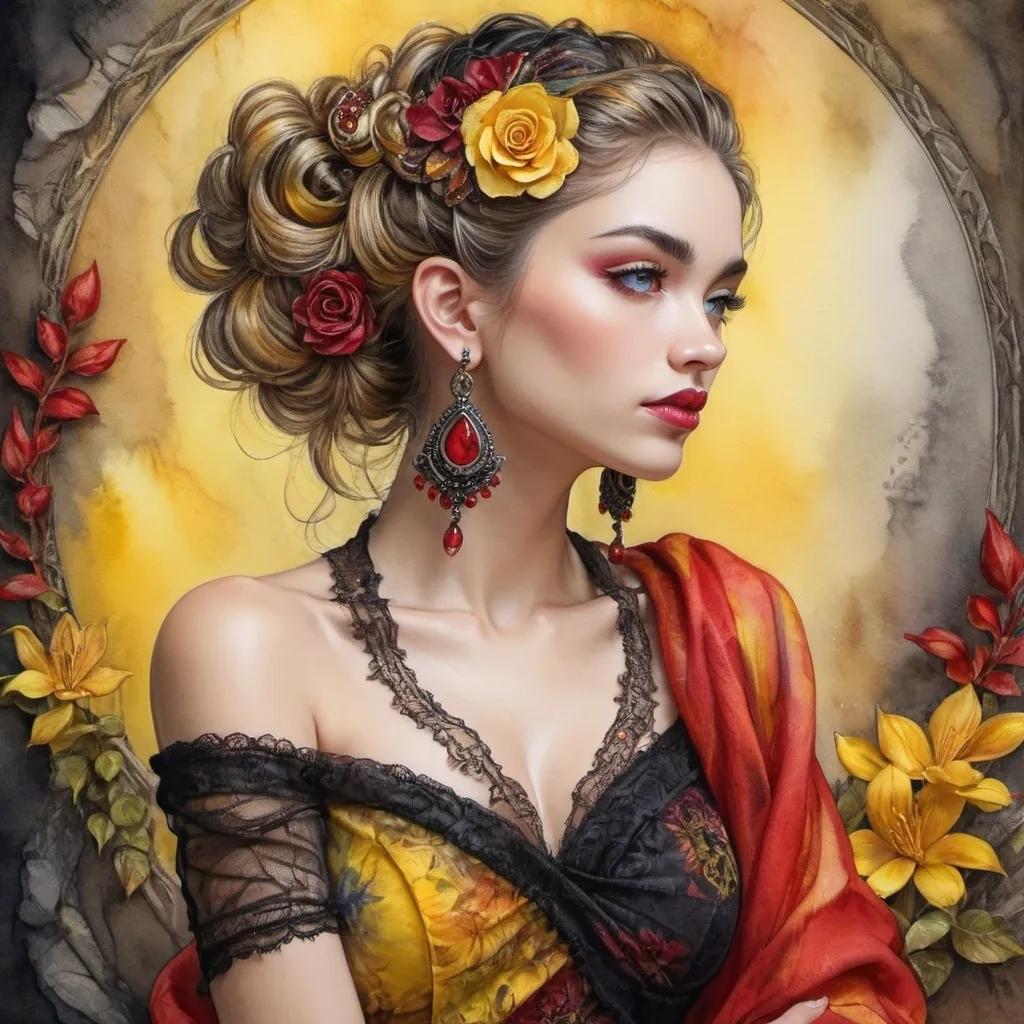 Prompt: <mymodel> beautiful woman, hair pinned up, yellow red black dress, earrings, Watercolor, trending on artstation, sharp focus, studio photo, intricate details, highly detailed, by  Josephine Wall and Jasmine Becket-Griffith