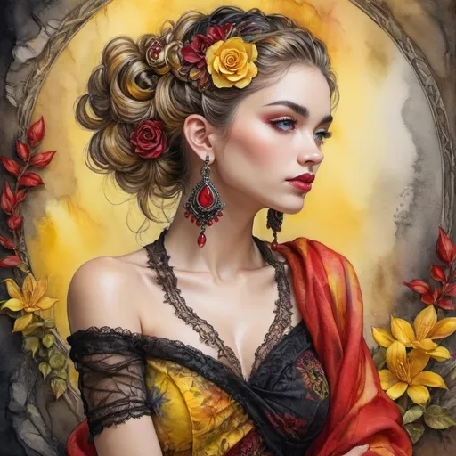 Prompt: <mymodel> beautiful woman, hair pinned up, yellow red black dress, earrings, Watercolor, trending on artstation, sharp focus, studio photo, intricate details, highly detailed, by  Josephine Wall and Jasmine Becket-Griffith