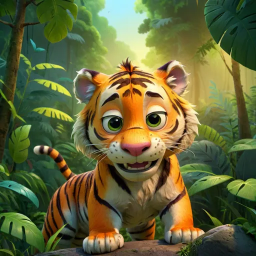 Prompt: Cartoon drawing of a tiger, vibrant colors, playful and friendly expression, jungle setting, detailed fur with lively texture, high quality, cartoon style, vibrant tones, jungle lighting