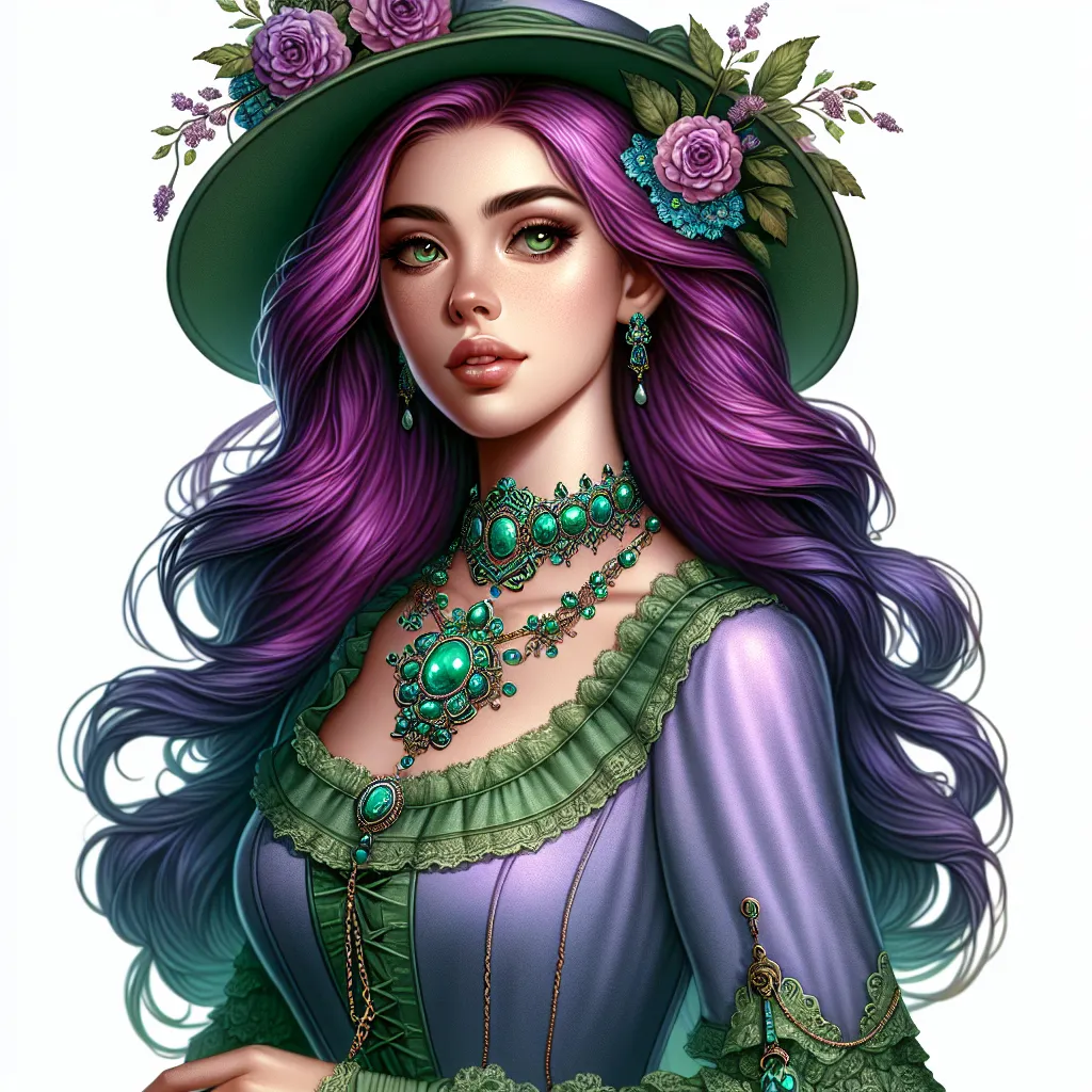 Prompt: <mymodel> a woman with purple hair wearing a  hat and a dress and turquoise necklace with flowers on it and a green dress, Edwin Georgi, fantasy art, highly detailed digital painting,