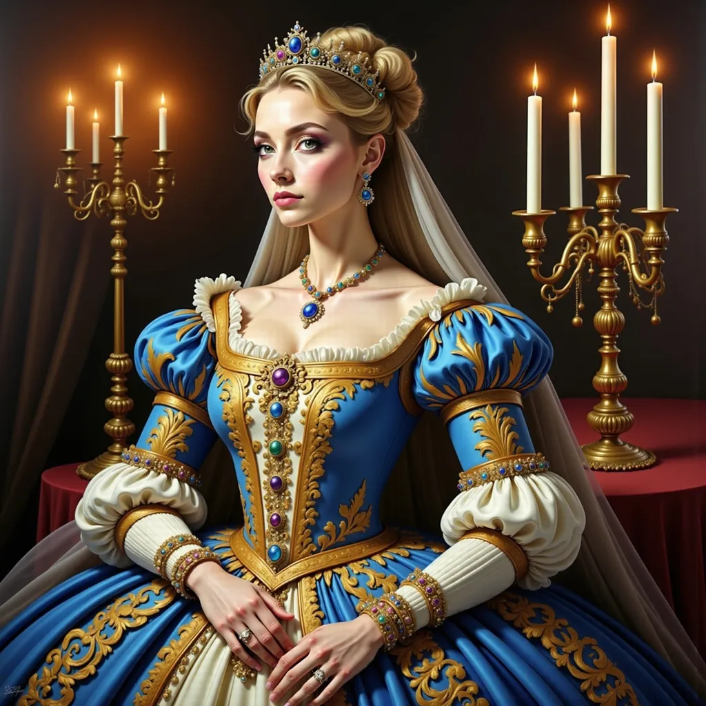 Prompt: a 16th century noble woman in a blue and gold dress with a tiara and  veil over hair, a candle in the background is a chandelier, Constance-Anne Parker, gothic art, highly detailed oil painting, a photorealistic painting