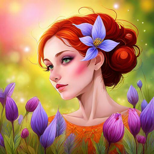 Prompt: a fairy of spring, ,wildflowers, vivid colors,  facial closeup