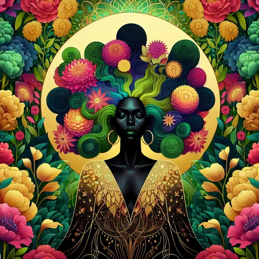 Prompt: <mymodel>In a majestic detailed floral the mystical Empress, a black woman with green and yellow hair, stands tall amidst vibrant flora, embodying divine grace and feminine power.