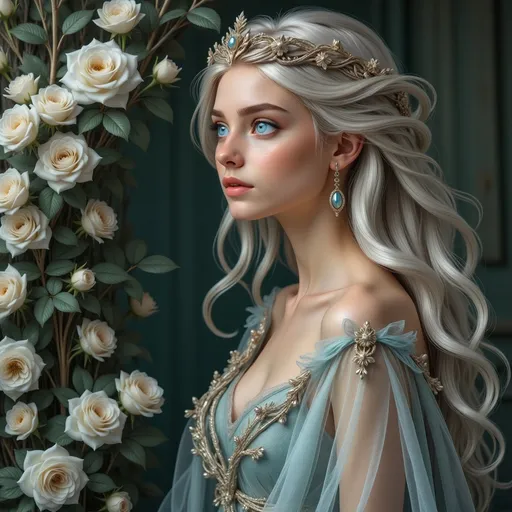 Prompt: Bathed in soft, ethereal light, a striking figure embodies grace and elegance, her delicate features framed by cascading waves of long blonde hair. Adorned with a golden crown and wearing an intricately designed gown in soft teal, she gazes contemplatively to the side, accentuated by the sheer fabric of her flowing veil. Surrounding her are lush clusters of white roses, creating a romantic and serene backdrop that contrasts beautifully with the rich, deep green of the setting. The overall composition exudes a timeless beauty, evoking a sense of fairy-tale enchantment, where every detail underscores a mood of tranquility and refinement.