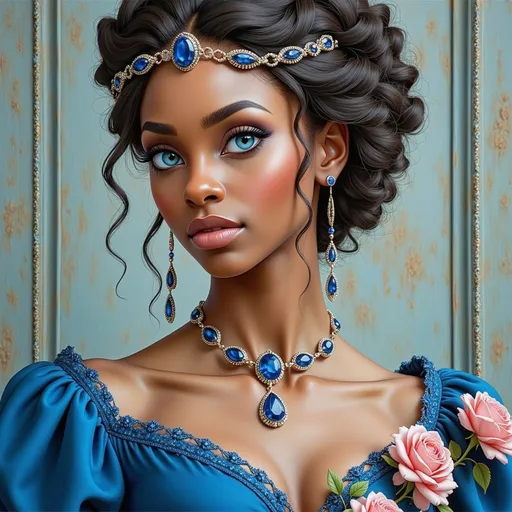 Prompt: a stunning black woman with a crown on her head and a necklace on her neck of sapphires, in a blue dress with flowers, Anne Stokes, fantasy art, highly detailed digital painting, a detailed painting