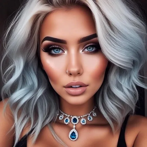 Prompt: <mymodel>A beautiful woman, white hair, blue eyes, blue eyeshadow, blue jewels o