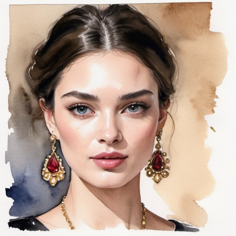 Prompt: <mymodel> Watercolour painting of a Dolce and Gabbana model, portrait, woman portrait, beautiful, high fashion, Vogue