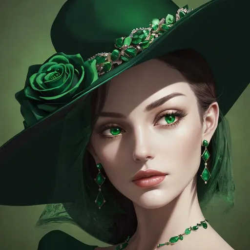 Prompt: Emerald lady wearing a emerald hat with emerald roses