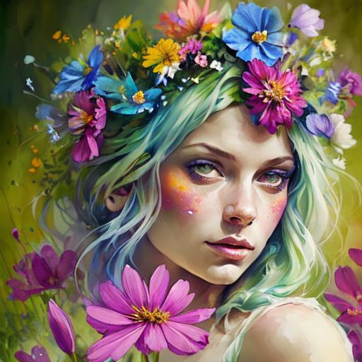 Prompt: a fairy of spring, ,wildflowers, vivid colors,  facial closeup