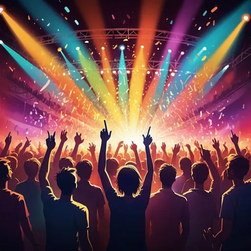 Prompt: Vibrant digital illustration of a concert crowd, dynamic musical notes, vivid stage lights, energetic atmosphere, high energy, detailed instruments, professional digital art, colorful and lively, high quality, digital illustration, music theme, vibrant colors, dynamic lighting