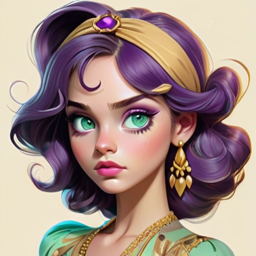 Prompt: Vintage-inspired illustration of a girl, purple and gold attire, aqua green eyes