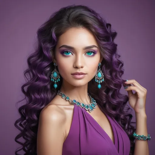 Prompt: <mymodel>An extremely gorgeous woman,  with turquoise jewels, in color scheme of purple, long curly hair