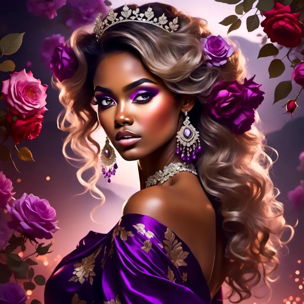 Prompt: <mymodel>Cosmic Epic Beauty, Beautiful and Gorgeous, purple roses in hair