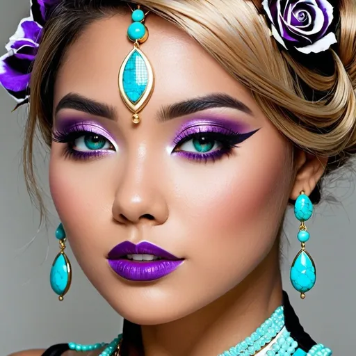 Prompt: <mymodel>Cosmic Epic Beauty, Beautiful and Gorgeous, purple roses in hair and wearing turquoise jewelry