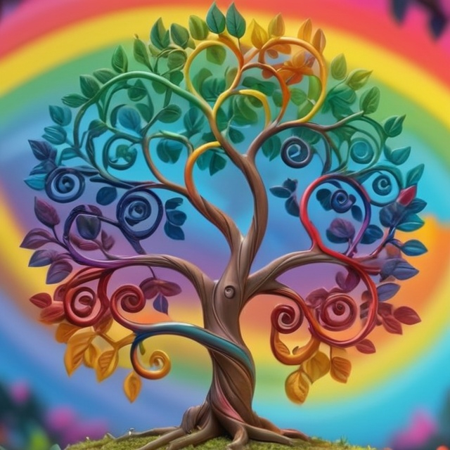 Prompt: colorful gnarled tree of life, spiral colors in the background, rainbow leaves, hyper-detailed, photorealistic 8k max