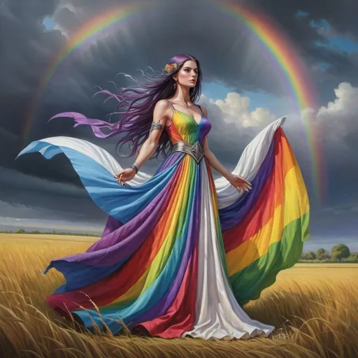 Prompt: a woman in a rainbow colored dress standing in a field with a rainbow colored dress on her shoulders and a rainbow colored dress on her shoulders, Anne Stokes, fantasy art, magic the gathering artwork, a fine art painting