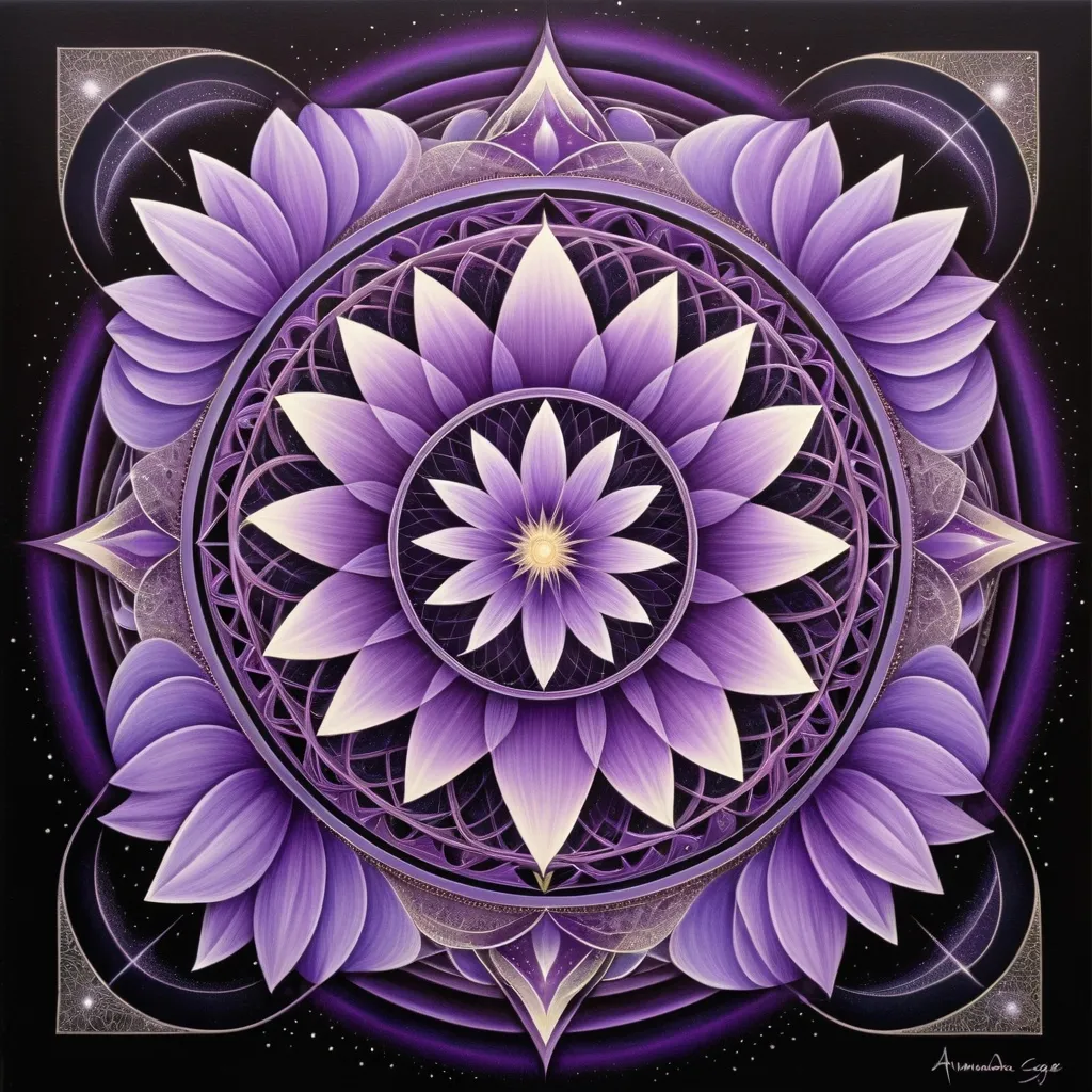 Prompt: a purple flower with a star in the background and a purple circle around it with a star in the middle, Amanda Sage, psychedelic art, sacred geometry, a detailed drawing