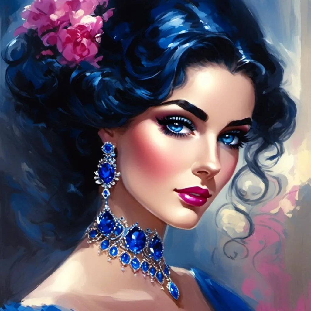 Prompt: <mymodel>a Sapphire lady, feminine elegant princess ,  dark hair, large blue eyes, wearing jewls in her hair,  beautiful makeup, blue eyeshadow, dark pink lipstick, facial closeup