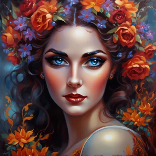 Prompt: <mymodel>Nataasha-Beautiful woman with flowers, oil painting, detailed fiery eyes, ethereal glow, dark and mysterious, high quality, vibrant colors, surreal, haunting, intricate floral details, intense gaze, mystical atmosphere, oil painting, demon, hybrid, fiery eyes, ethereal, vibrant colors, surreal, haunting, floral details, intense gaze, mystical atmosphere