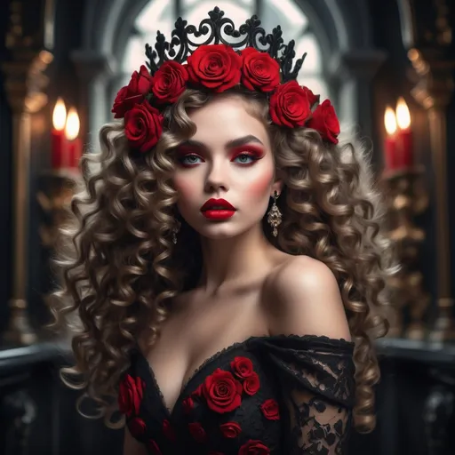 Prompt: Enveloped in a rich atmosphere of elegance and allure, a striking young woman with voluminous, cascading curls captures attention with her bold red lips and dramatic makeup, accentuating her piercing gaze. Adorned with a crown of vivid red roses intermingled with intricate black foliage, she wears a lace dress embellished with rose patterns that highlight her graceful shoulders. The background, softly illuminated by golden candlelight, creates a warm, inviting glow, enhancing the intimate and somewhat mysterious ambiance of the scene. Deep, shadowy hues enrich the composition, lending it a sense of depth and drama, while the overall styling hints at a romantic, almost gothic narrative. The image beautifully balances beauty and darkness, evoking intrigue and a touch of enchantment.