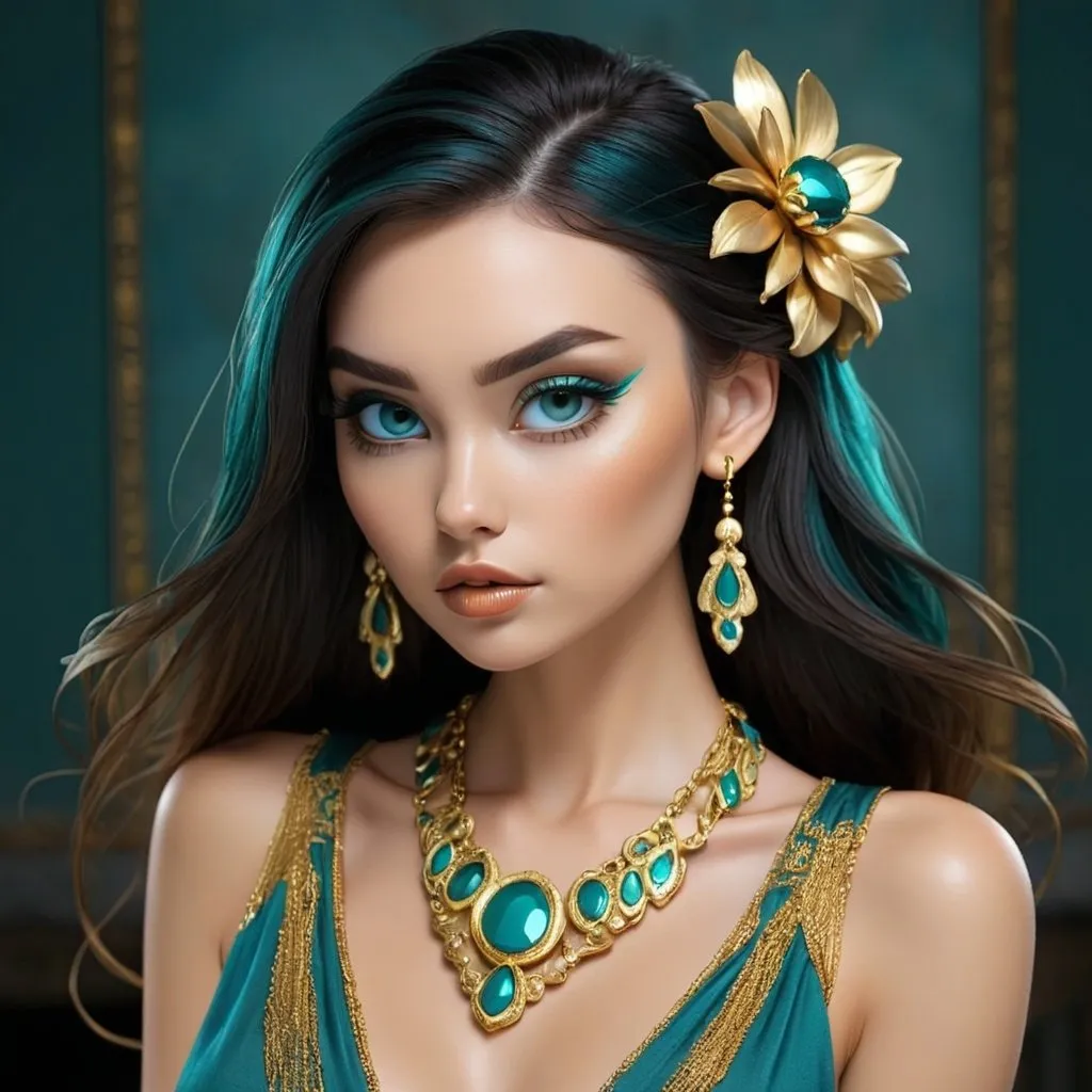 Prompt: <mymodel> Teal and gold beauty